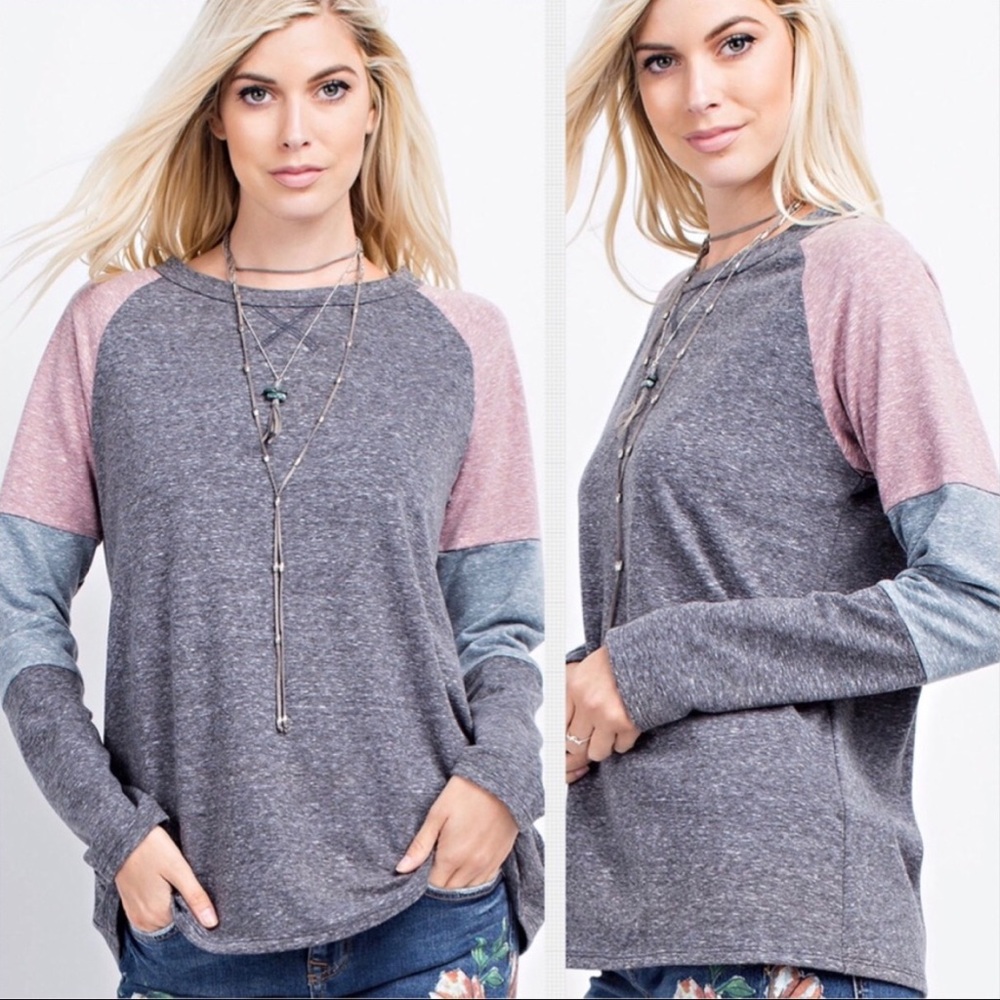 Colorblock Knit Long Sleeve Top - Gray with Pink & Blue Sleeves
